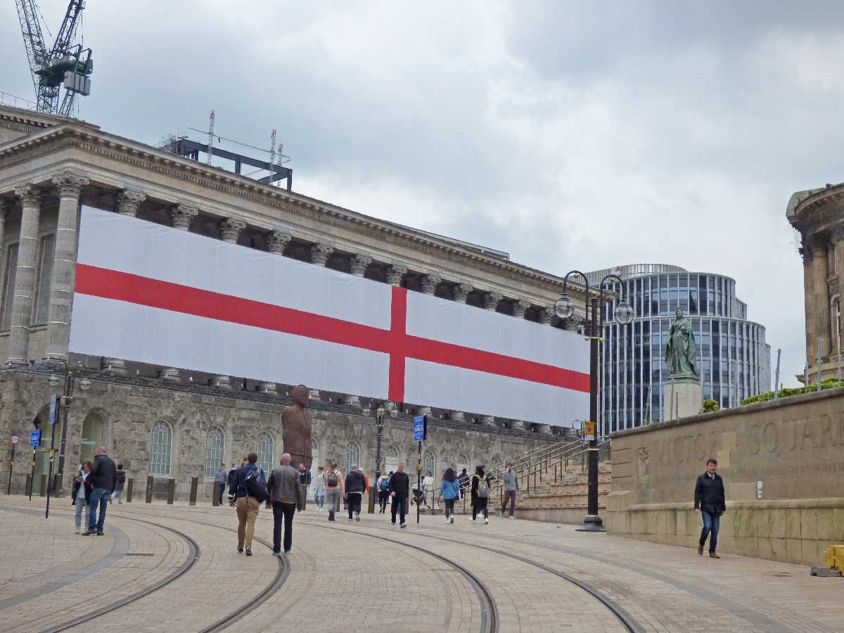 Giant England flag on the Town Hall for St George's Day 2022